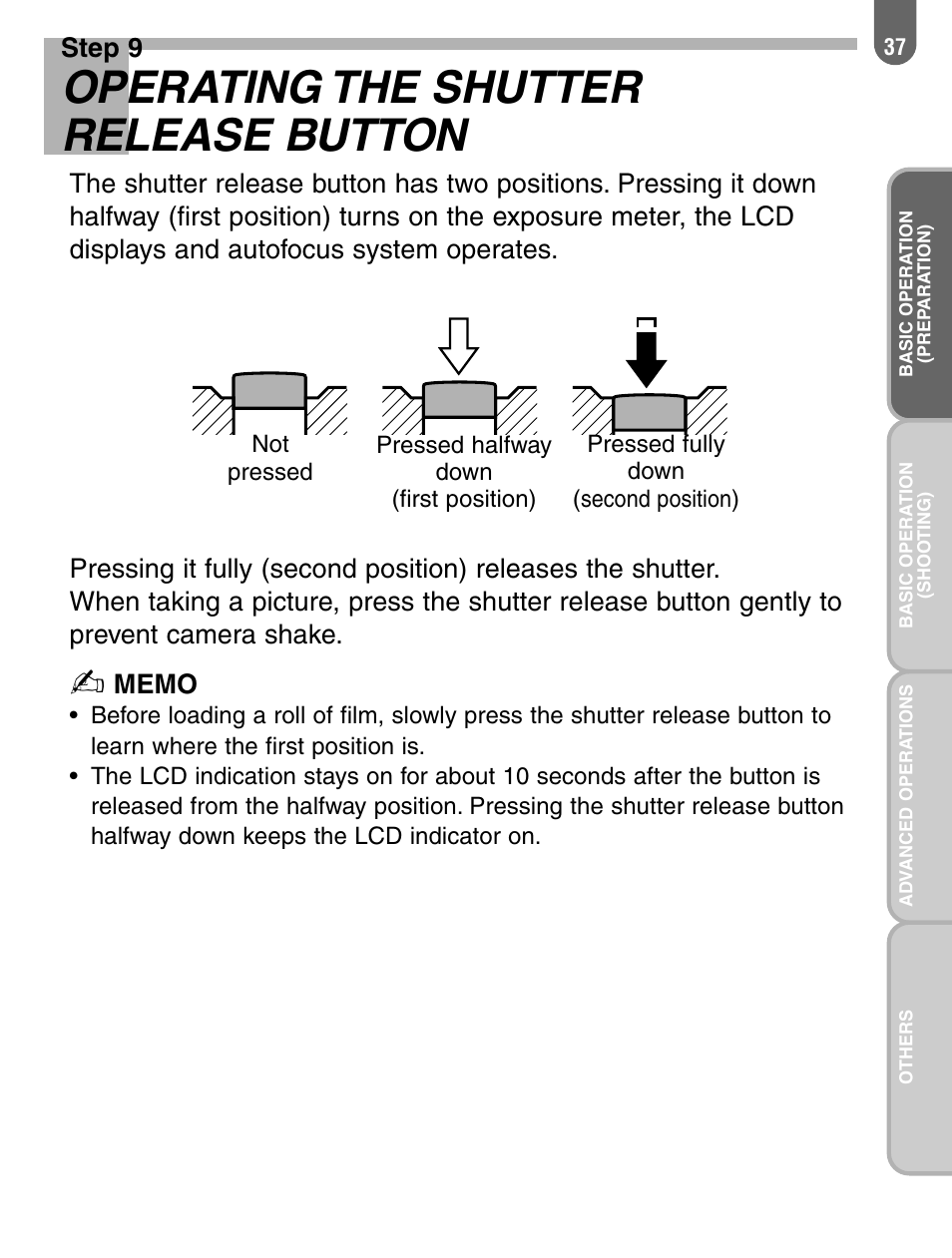 Operating the shutter release button, Step 9 | Pentax 57233 User Manual | Page 39 / 156