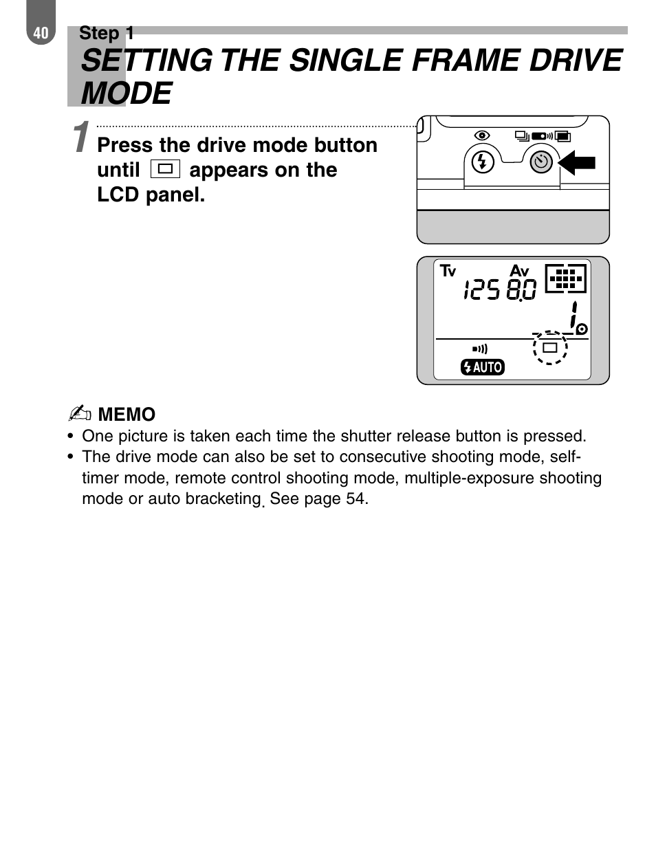 Setting the single frame drive mode | Pentax 57233 User Manual | Page 42 / 156