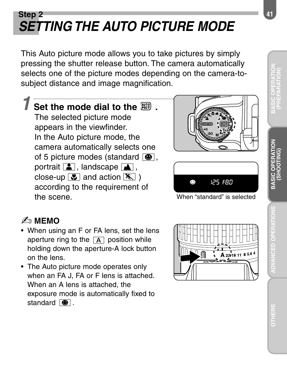Setting the auto picture mode, Set the mode dial to the | Pentax 57233 User Manual | Page 43 / 156