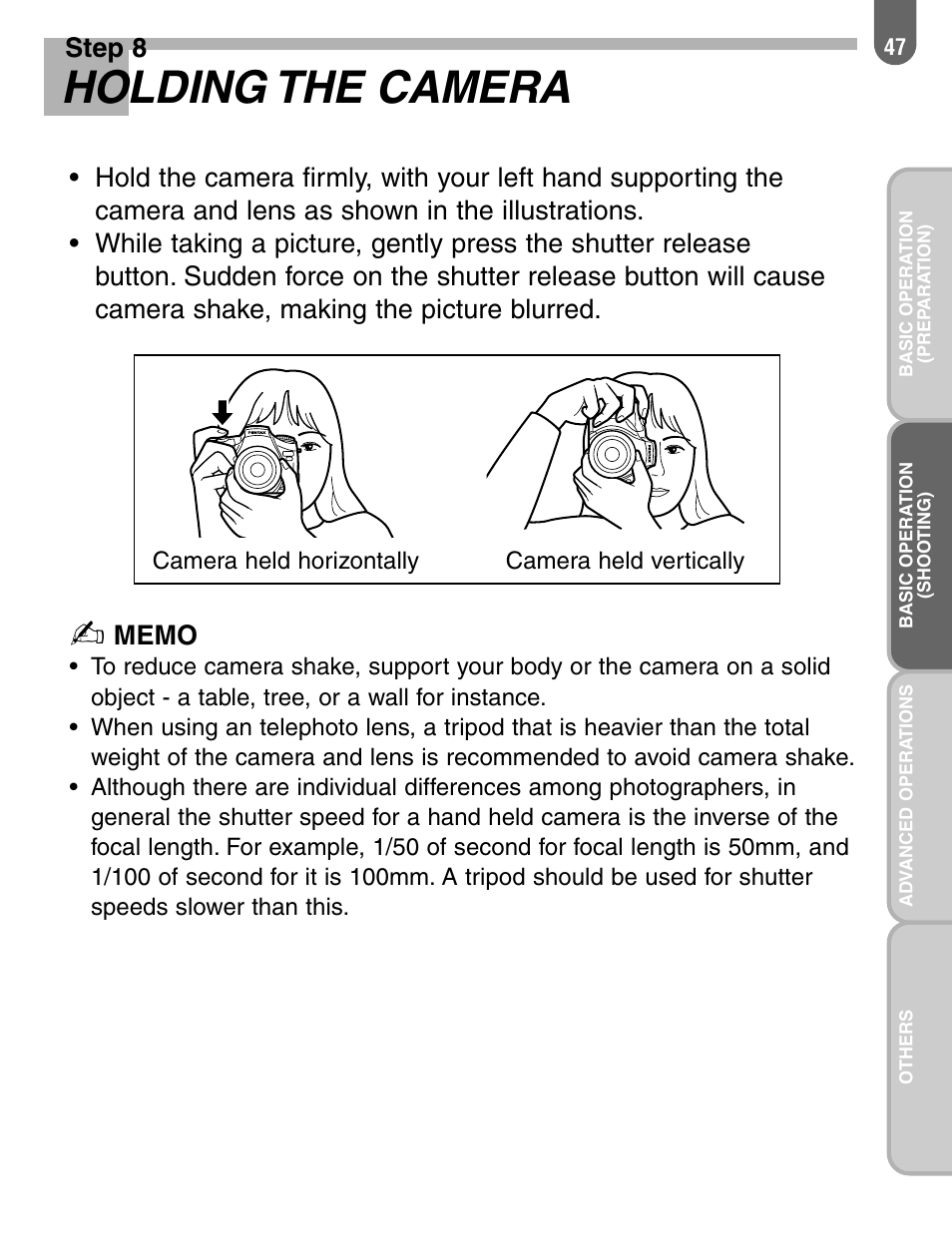 Holding the camera, Step 8 | Pentax 57233 User Manual | Page 49 / 156