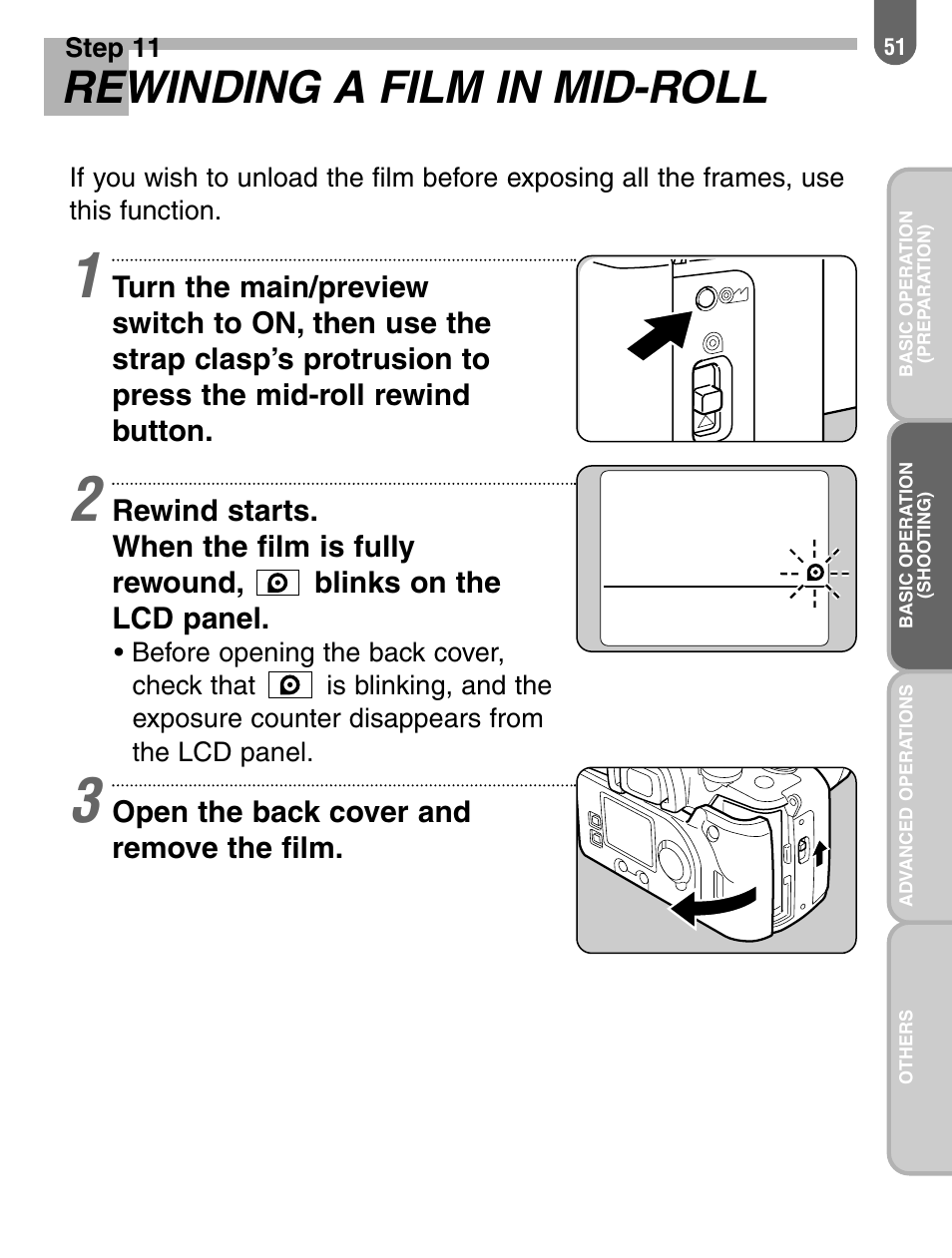 Rewinding a film in mid-roll, Open the back cover and remove the film | Pentax 57233 User Manual | Page 53 / 156