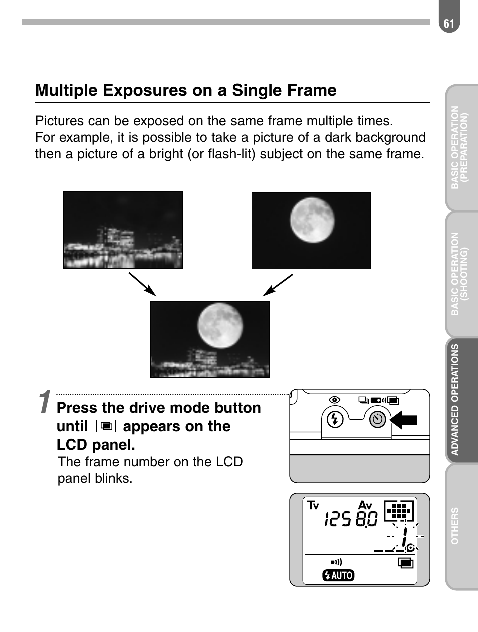 Multiple exposures on a single frame, The frame number on the lcd panel blinks | Pentax 57233 User Manual | Page 63 / 156