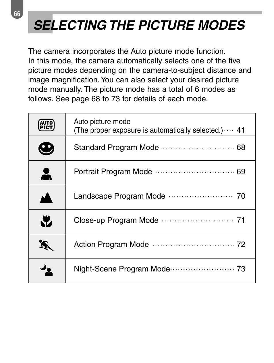 Selecting the picture modes | Pentax 57233 User Manual | Page 68 / 156