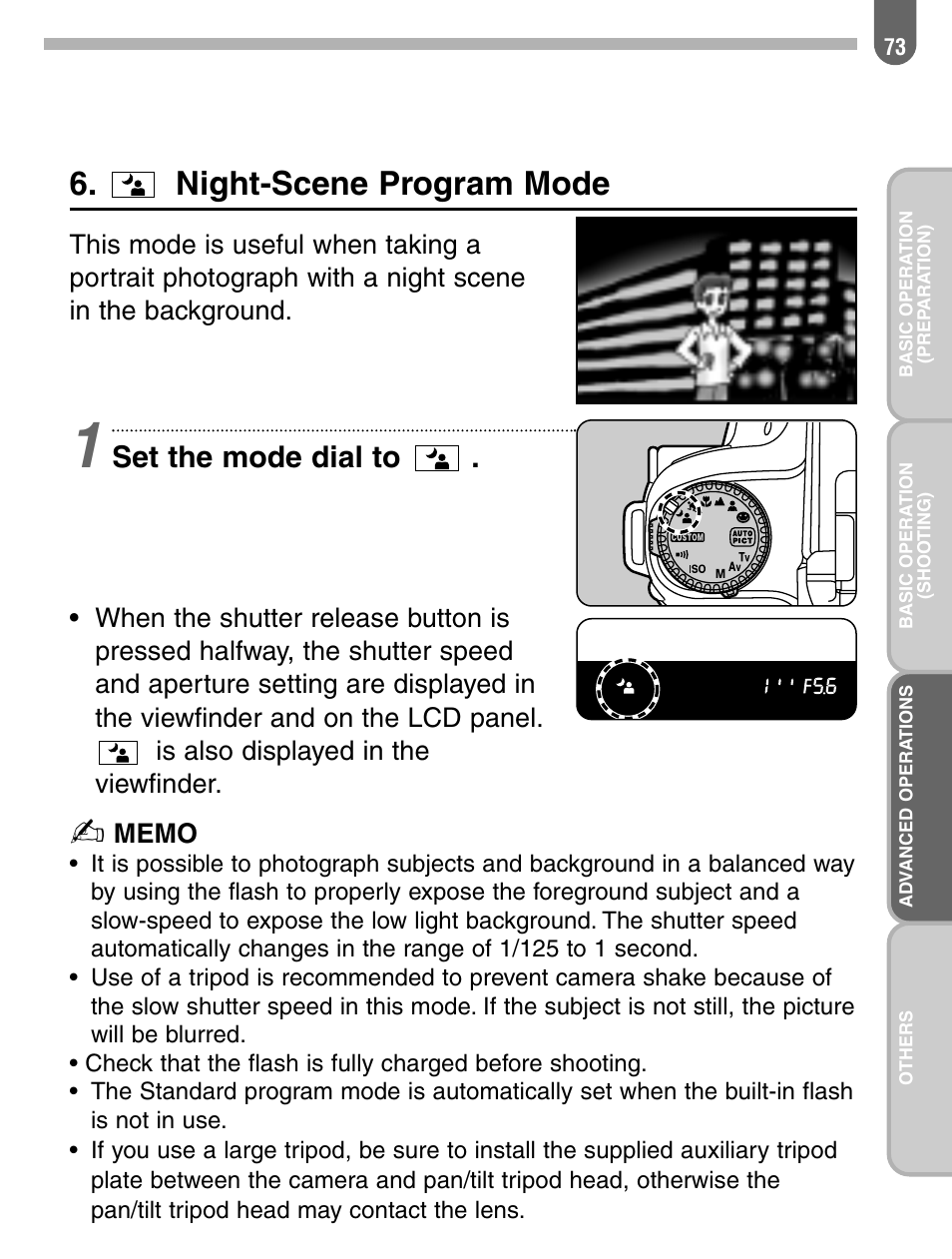 Night-scene program mode, Set the mode dial to | Pentax 57233 User Manual | Page 75 / 156