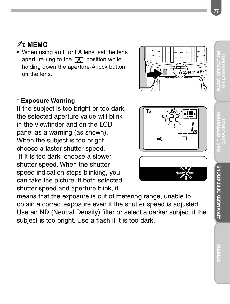 Exposure warning | Pentax 57233 User Manual | Page 79 / 156