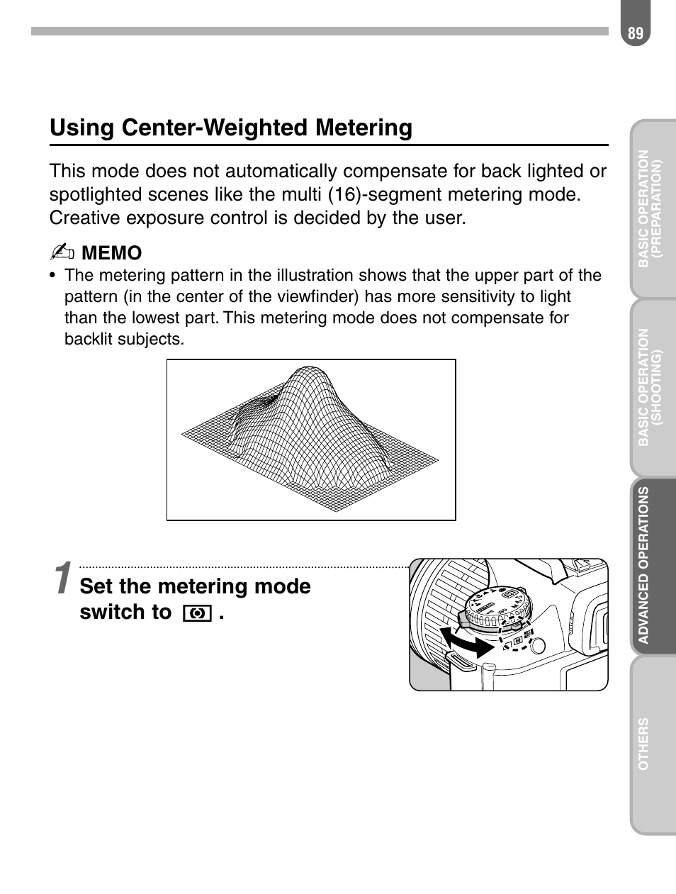 Using center-weighted metering, Set the metering mode switch to | Pentax 57233 User Manual | Page 91 / 156