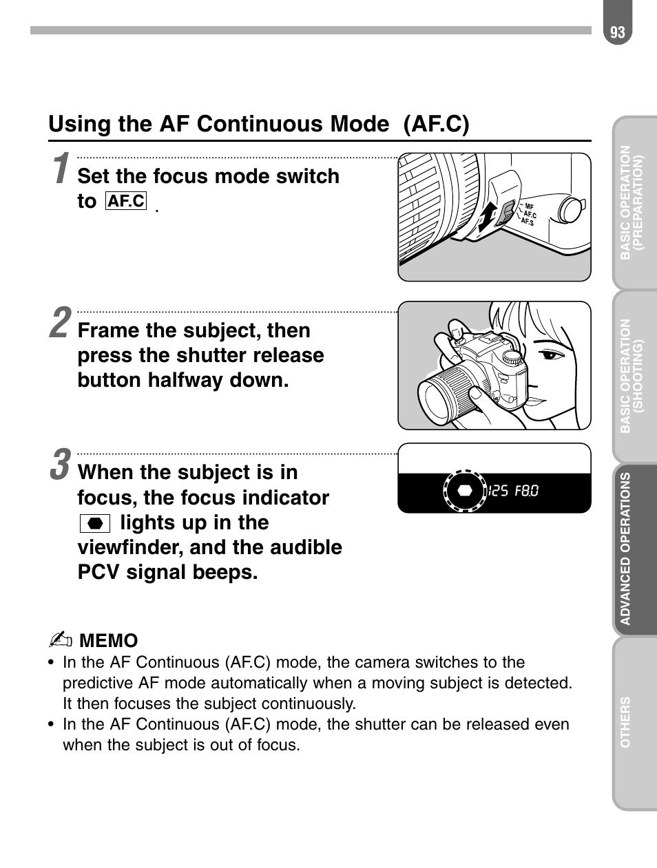 Using the af continuous mode (af.c), Set the focus mode switch to | Pentax 57233 User Manual | Page 95 / 156