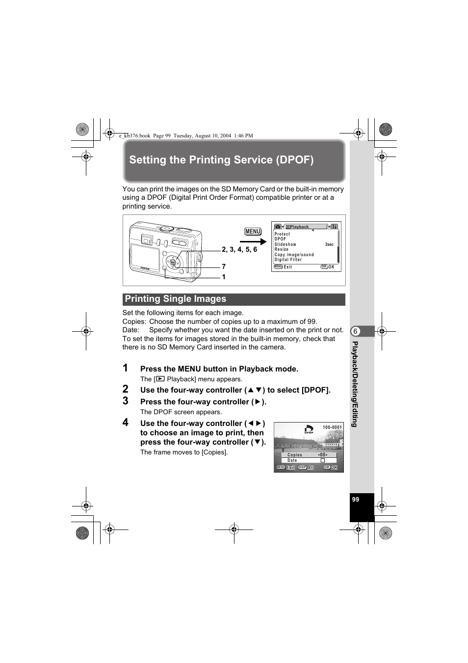 Setting the printing service (dpof), Printing single images | Pentax Optio S50 User Manual | Page 101 / 138