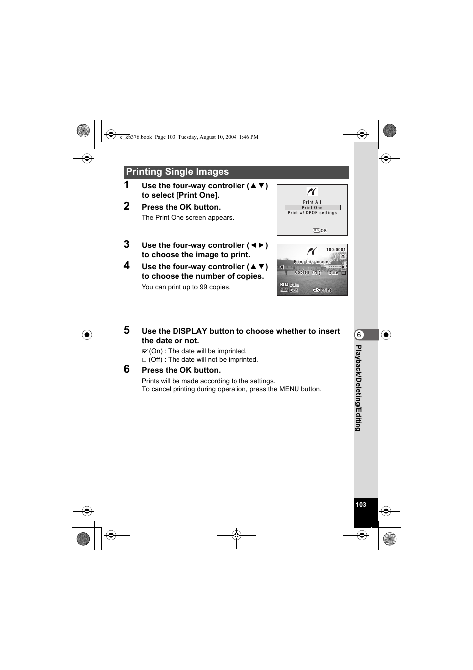 Printing single images | Pentax Optio S50 User Manual | Page 105 / 138
