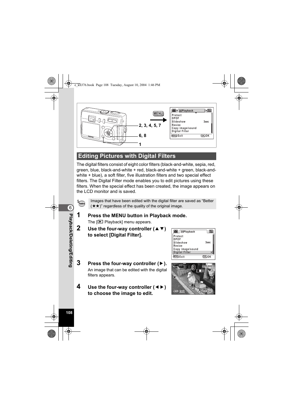 Editing pictures with digital filters, Press the menu button in playback mode, Press the four-way controller ( 5 ) | Pentax Optio S50 User Manual | Page 110 / 138