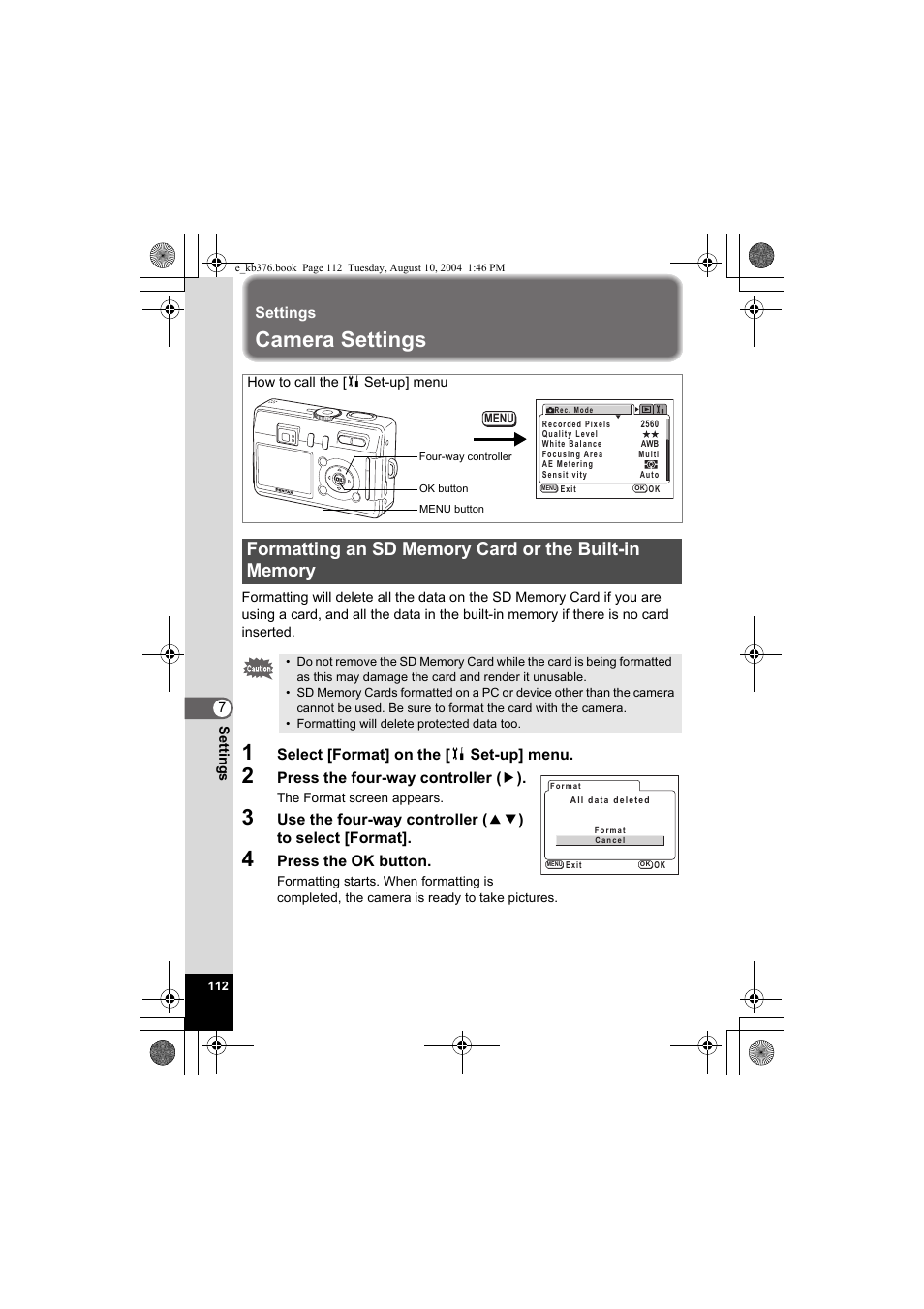 Camera settings | Pentax Optio S50 User Manual | Page 114 / 138