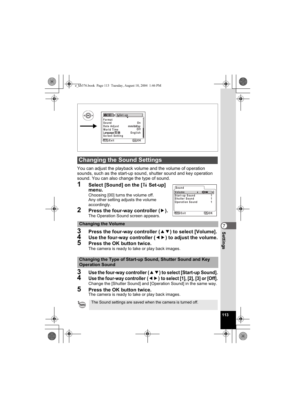 Changing the sound settings | Pentax Optio S50 User Manual | Page 115 / 138