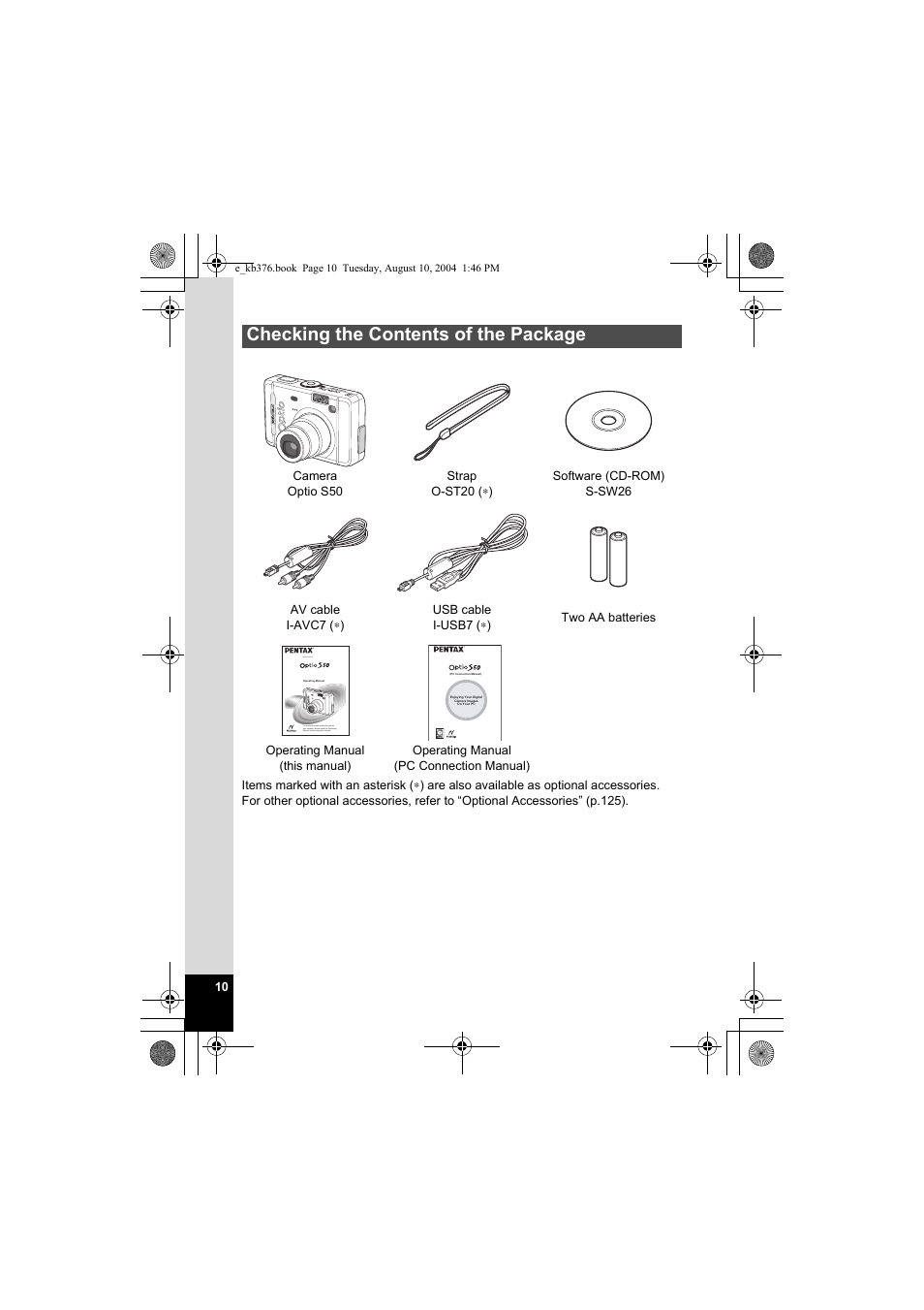 Checking the contents of the package | Pentax Optio S50 User Manual | Page 12 / 138