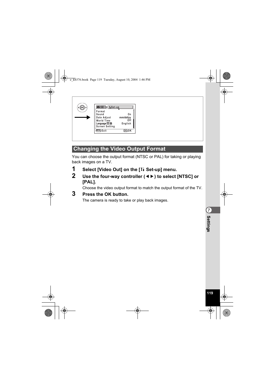 Changing the video output format | Pentax Optio S50 User Manual | Page 121 / 138
