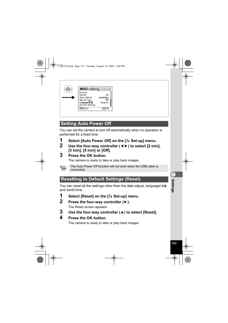 Setting auto power off, Resetting to default settings (reset) | Pentax Optio S50 User Manual | Page 123 / 138