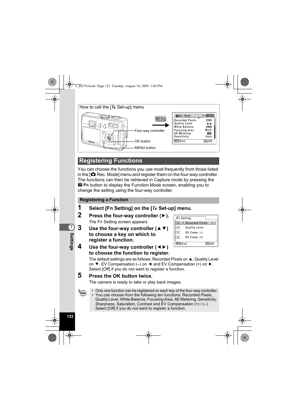 Registering functions | Pentax Optio S50 User Manual | Page 124 / 138