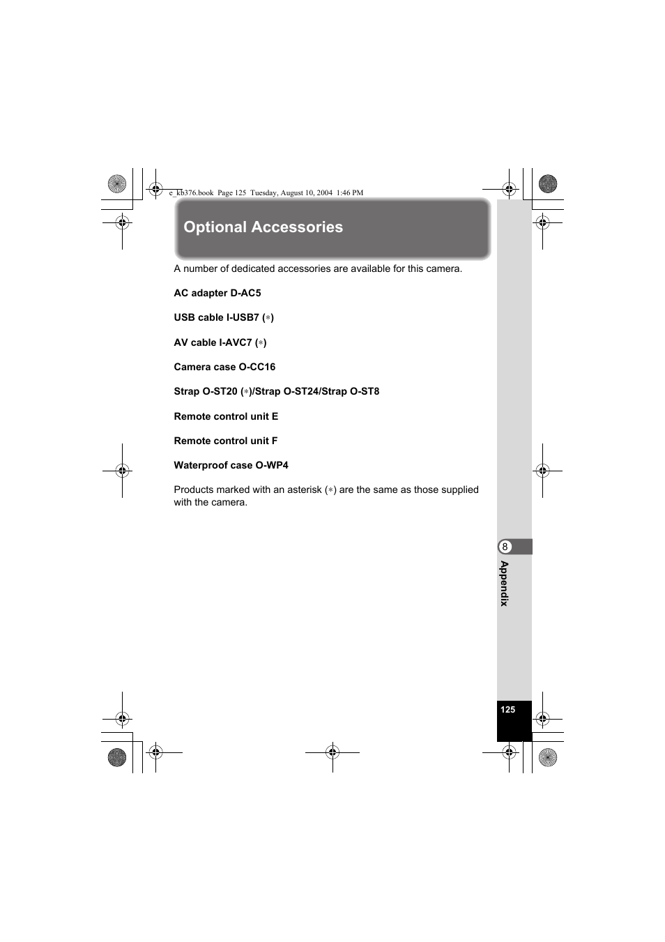 Optional accessories | Pentax Optio S50 User Manual | Page 127 / 138