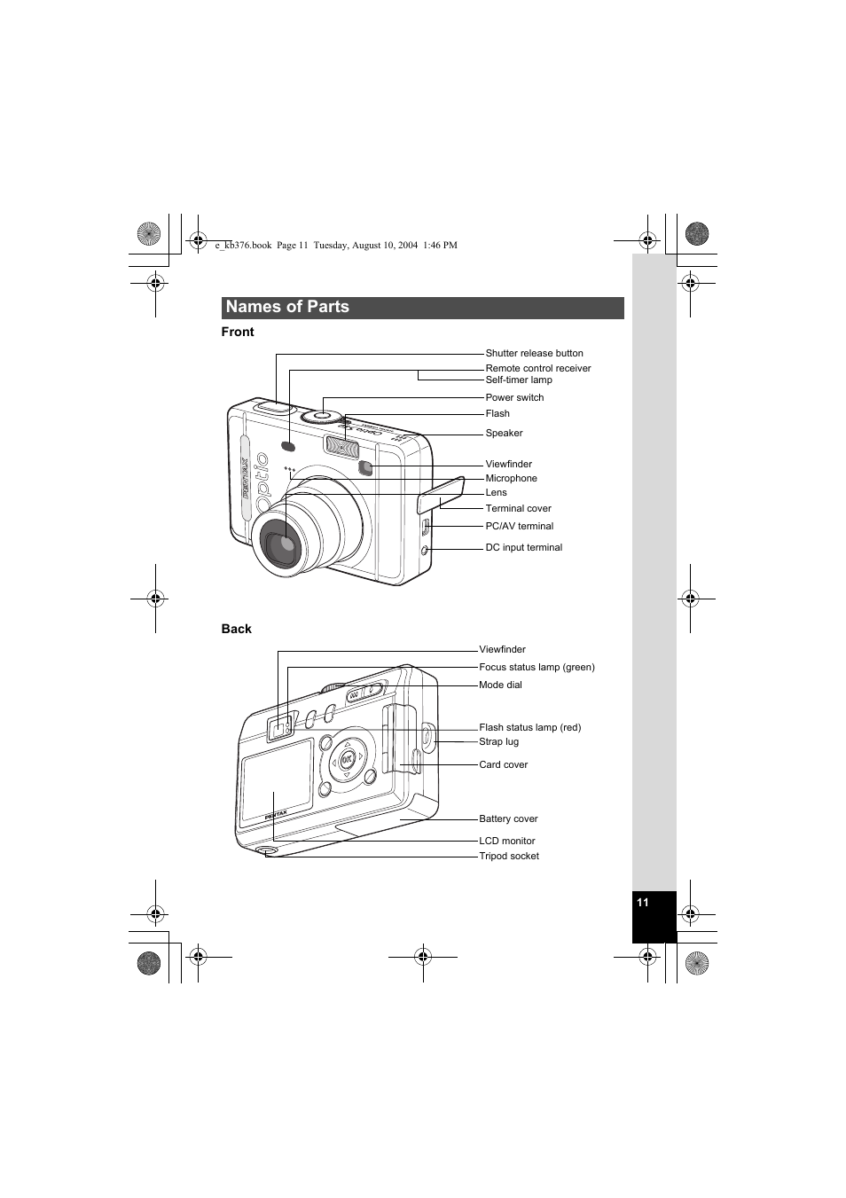 Names of parts | Pentax Optio S50 User Manual | Page 13 / 138