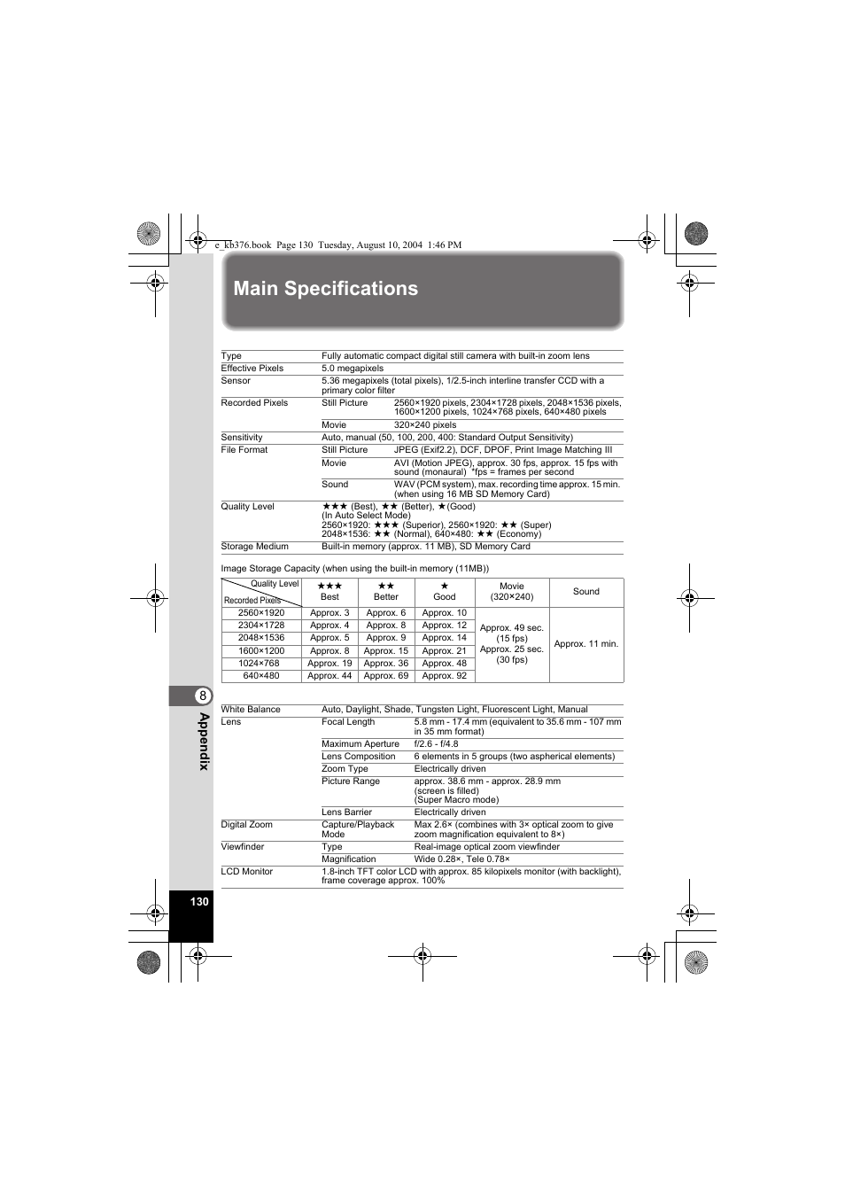 Main specifications, 8app endi x | Pentax Optio S50 User Manual | Page 132 / 138