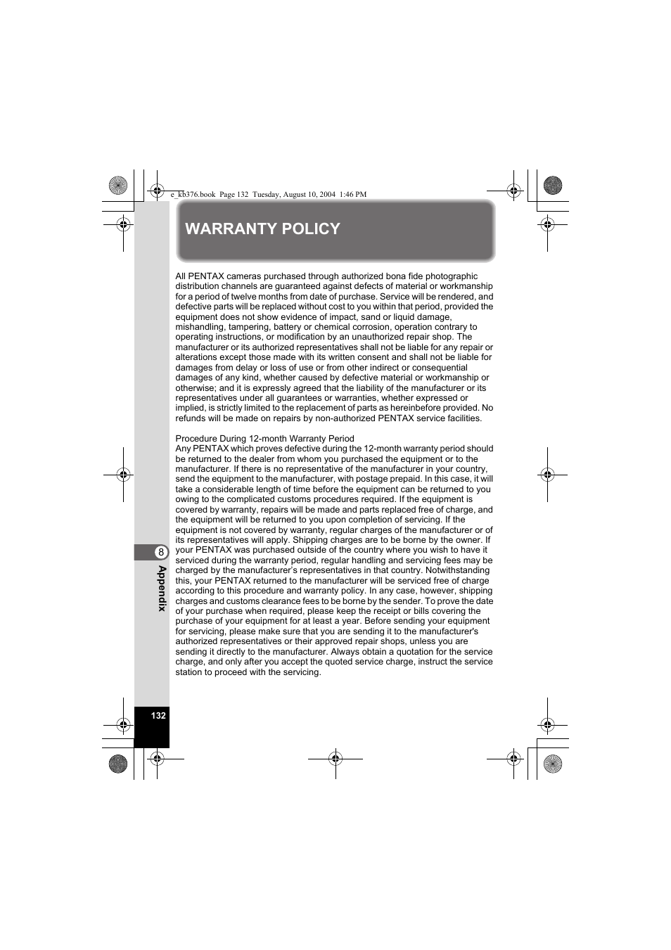 Warranty policy | Pentax Optio S50 User Manual | Page 134 / 138