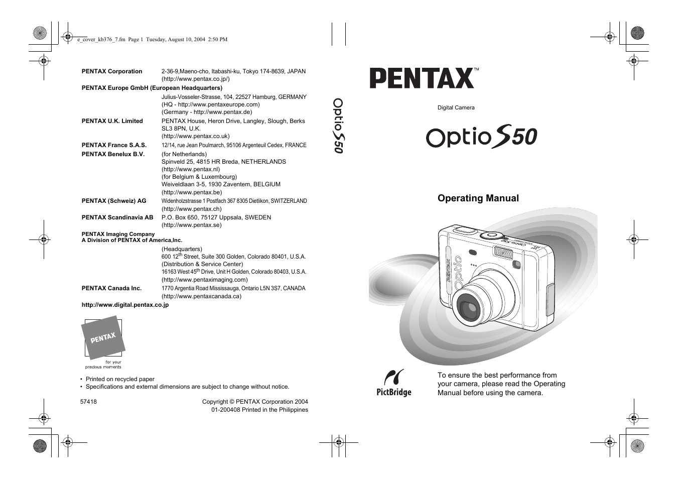 Operating manual | Pentax Optio S50 User Manual | Page 138 / 138