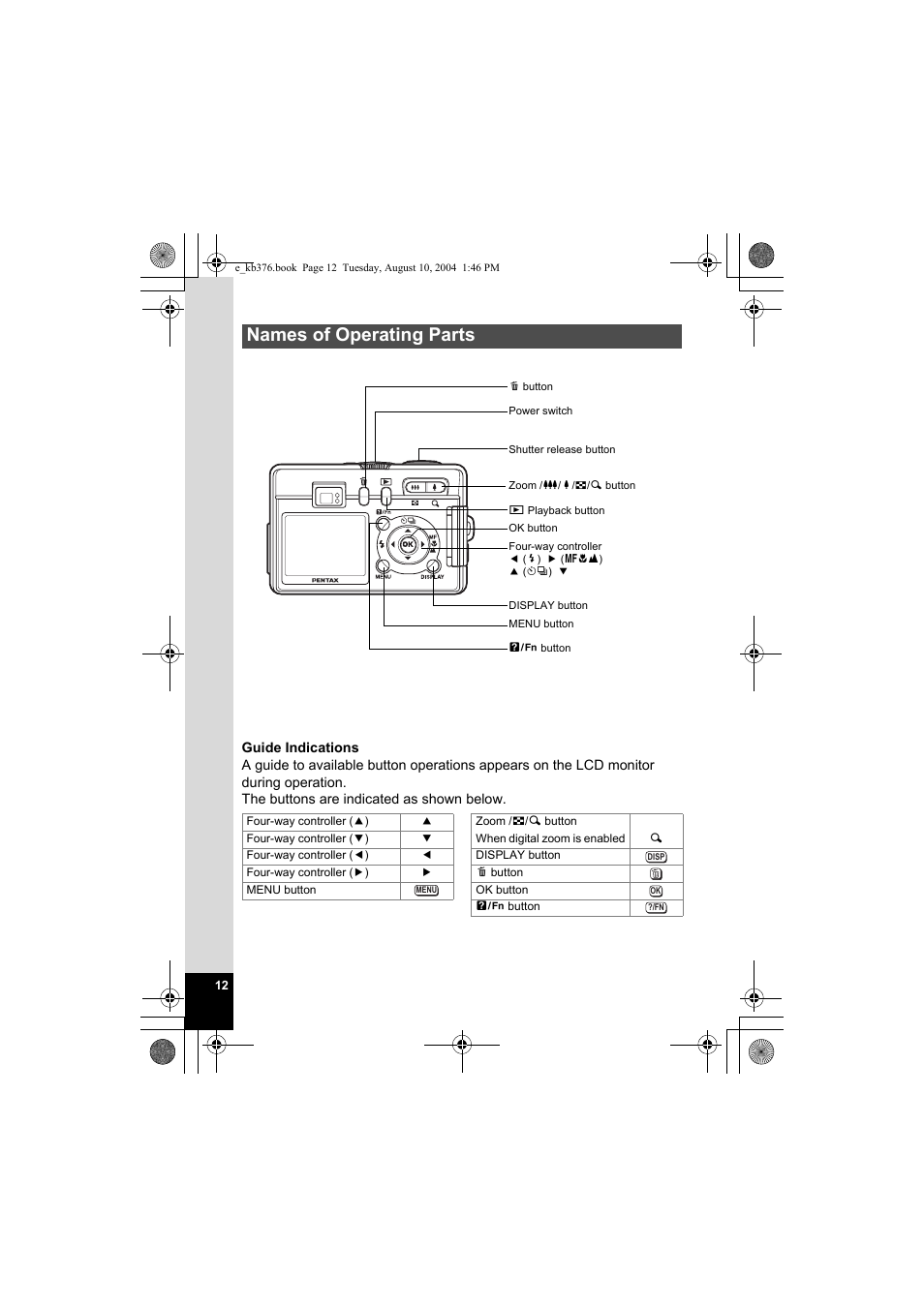 Names of operating parts | Pentax Optio S50 User Manual | Page 14 / 138