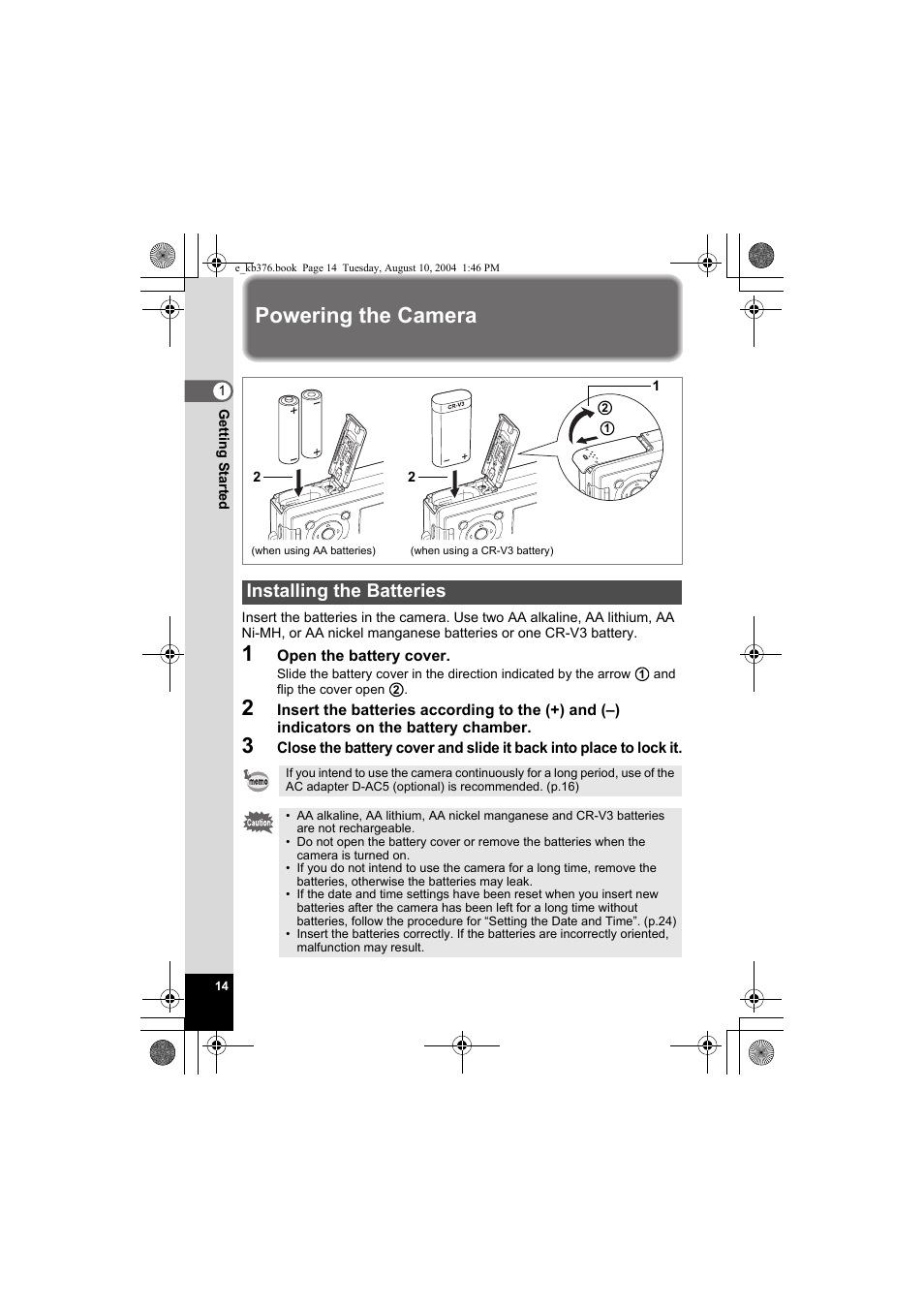 Powering the camera, Installing the batteries | Pentax Optio S50 User Manual | Page 16 / 138