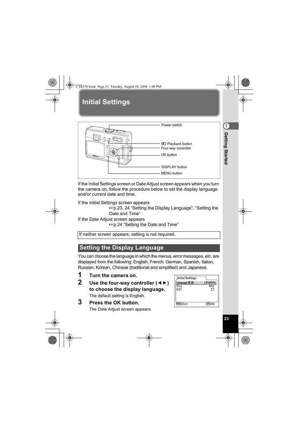 Initial settings, Setting the display language | Pentax Optio S50 User Manual | Page 25 / 138