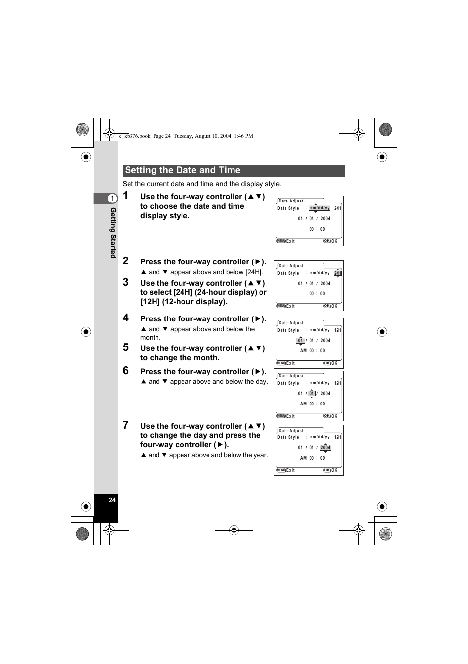 Setting the date and time, Press the four-way controller ( 5 ) | Pentax Optio S50 User Manual | Page 26 / 138