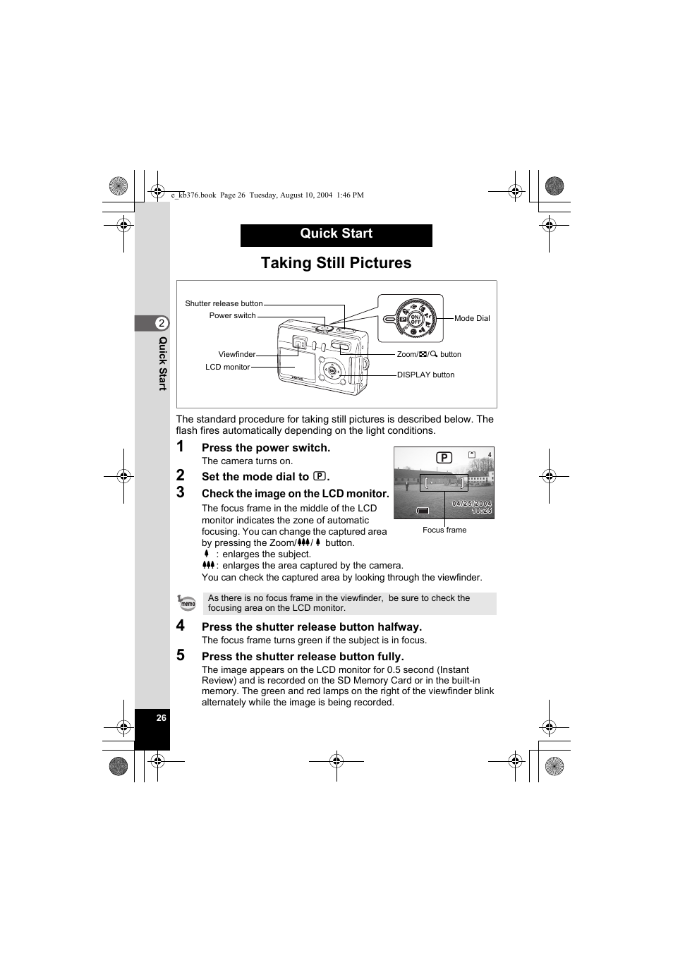 Taking still pictures, Quick start | Pentax Optio S50 User Manual | Page 28 / 138