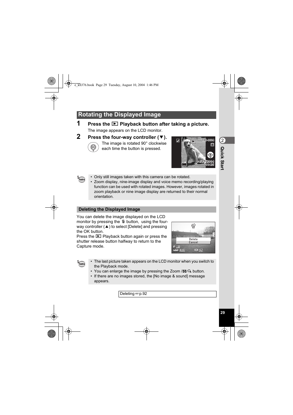 Rotating the displayed image, Press the q playback button after taking a picture, Press the four-way controller ( 3 ) | Pentax Optio S50 User Manual | Page 31 / 138