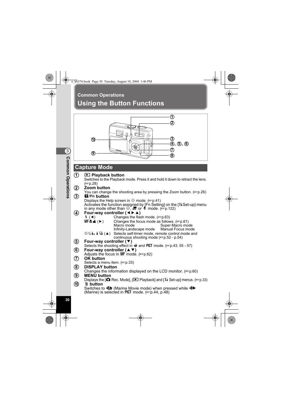 Using the button functions, Capture mode | Pentax Optio S50 User Manual | Page 32 / 138