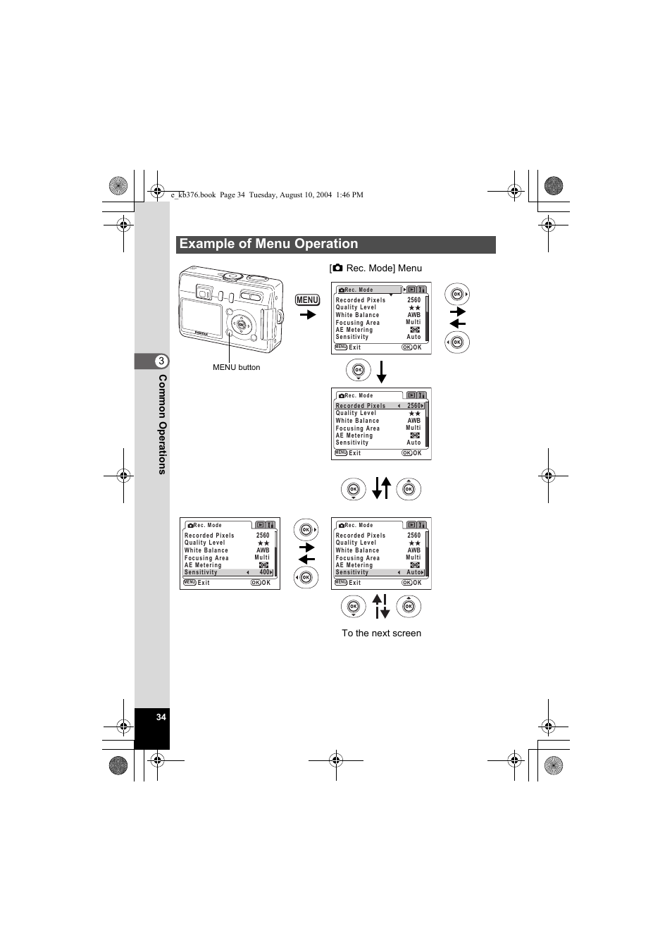 Example of menu operation, Co mmo n oper atio ns 3, Menu | Pentax Optio S50 User Manual | Page 36 / 138