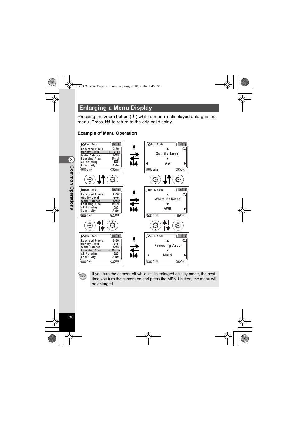 Xw x w, Enlarging a menu display | Pentax Optio S50 User Manual | Page 38 / 138