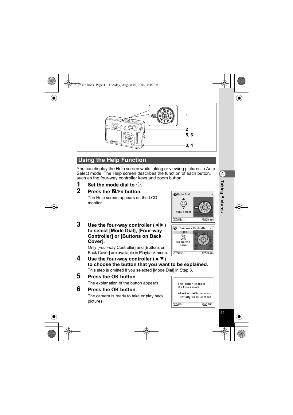 Using the help function | Pentax Optio S50 User Manual | Page 43 / 138