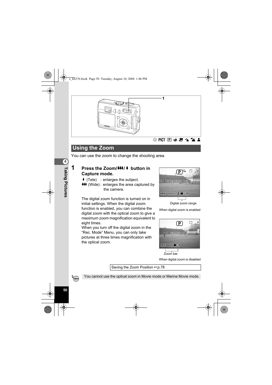 Using the zoom | Pentax Optio S50 User Manual | Page 52 / 138