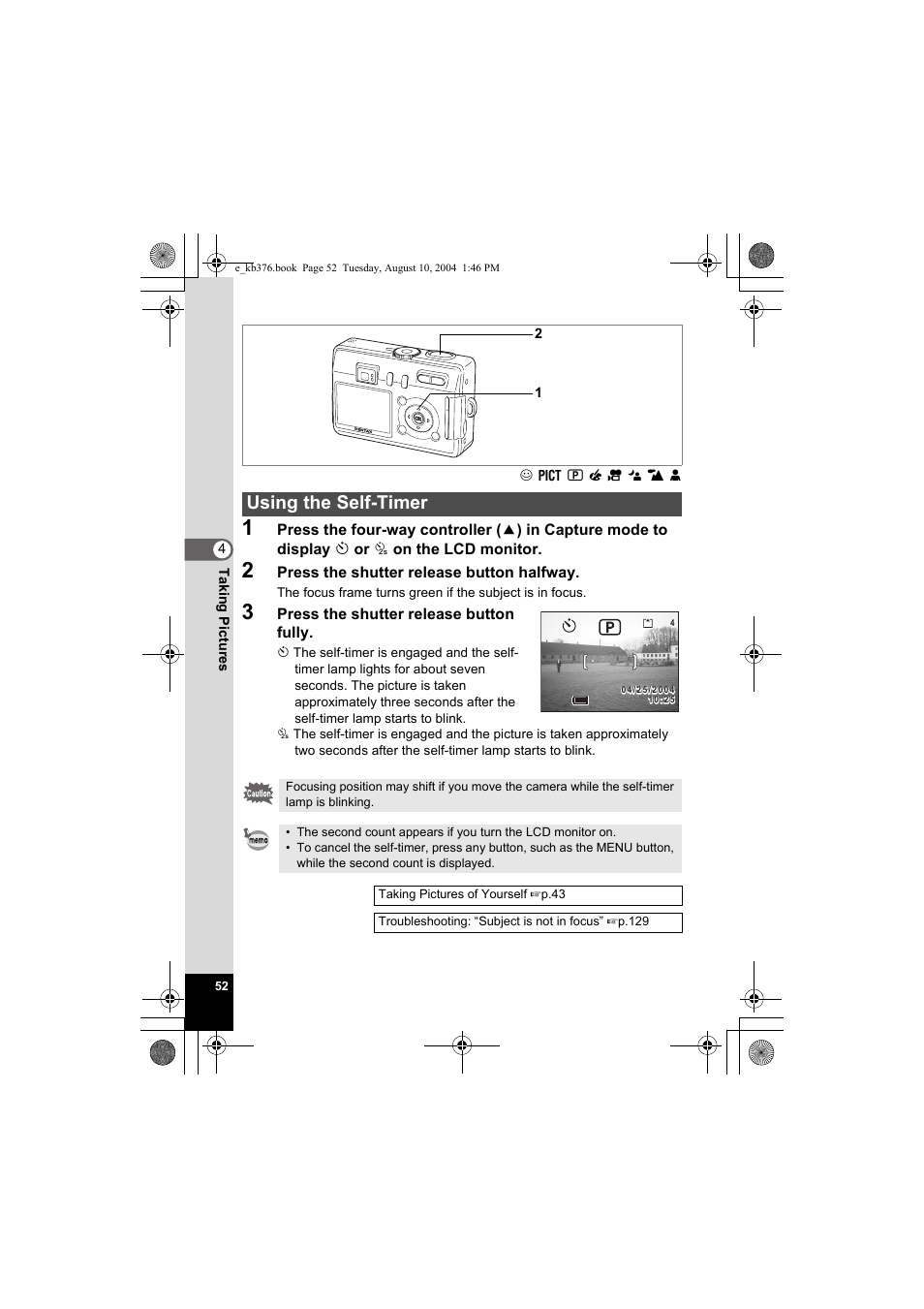 Using the self-timer | Pentax Optio S50 User Manual | Page 54 / 138