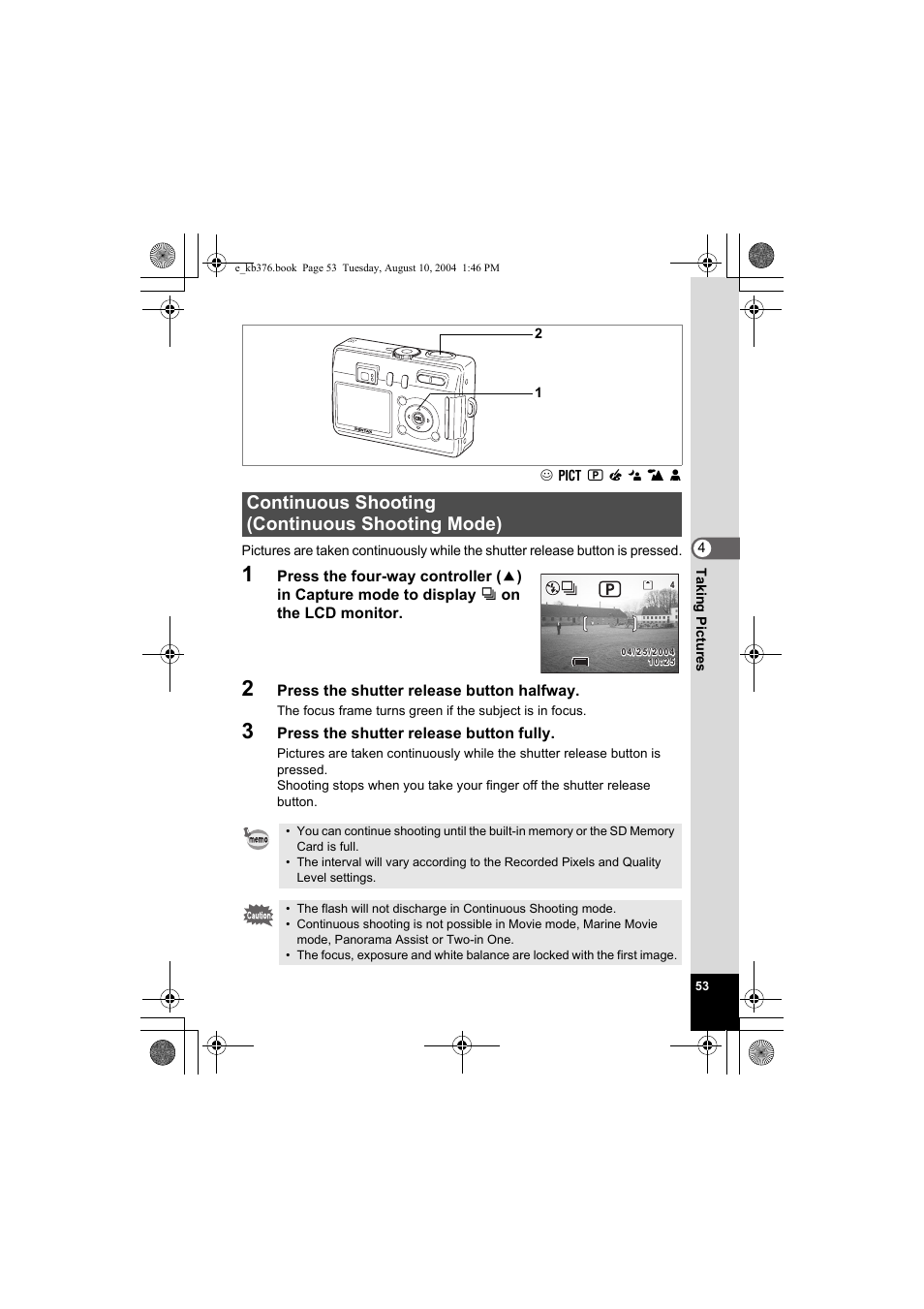Continuous shooting (continuous shooting mode) | Pentax Optio S50 User Manual | Page 55 / 138