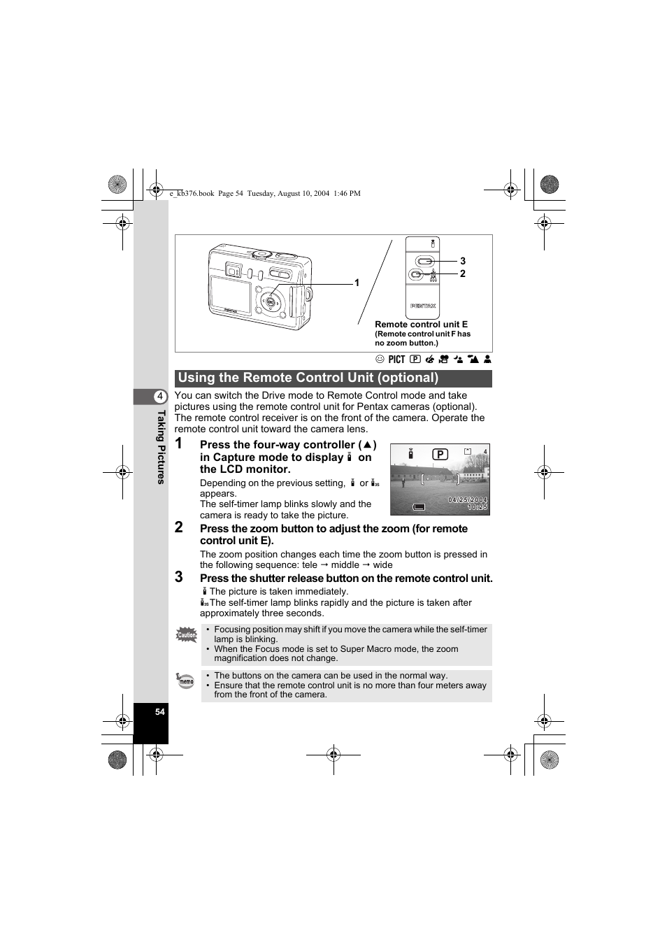 Using the remote control unit (optional) | Pentax Optio S50 User Manual | Page 56 / 138