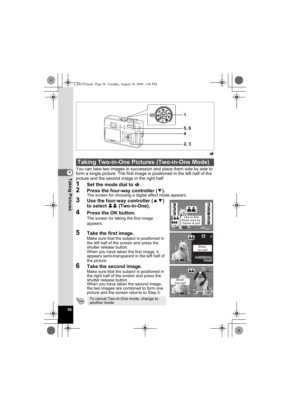 Taking two-in-one pictures (two-in-one mode) | Pentax Optio S50 User Manual | Page 58 / 138