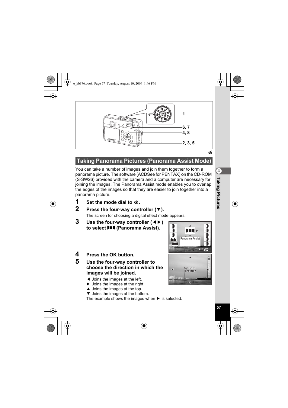 Taking panorama pictures (panorama assist mode) | Pentax Optio S50 User Manual | Page 59 / 138