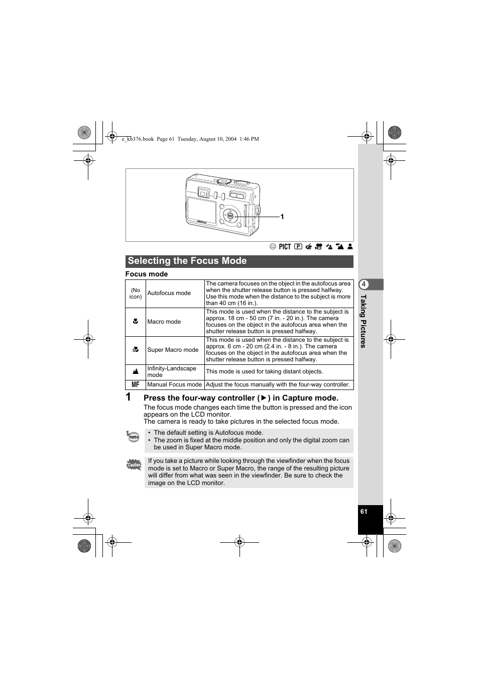 Selecting the focus mode | Pentax Optio S50 User Manual | Page 63 / 138