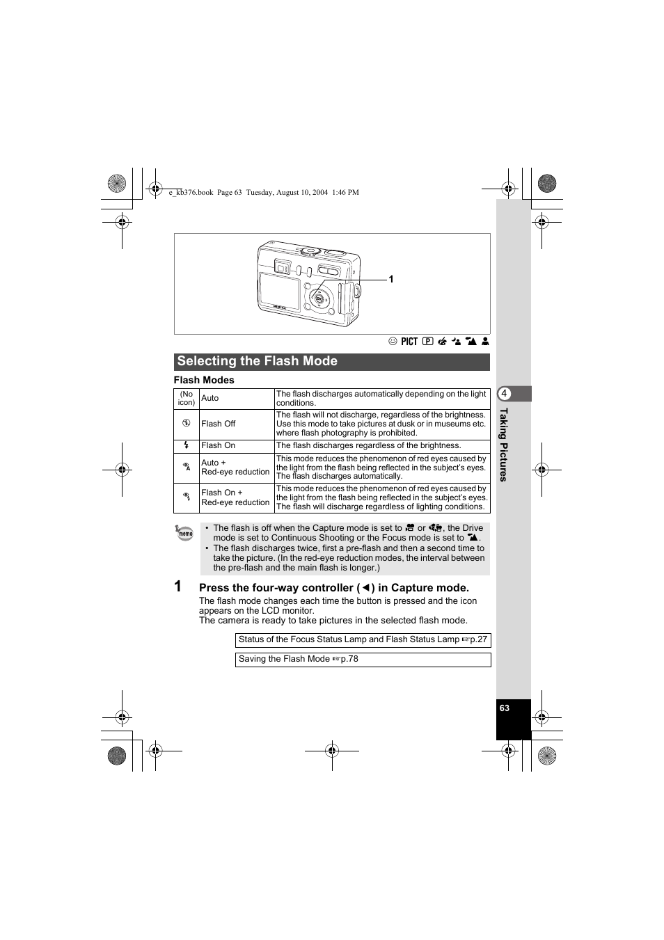 Selecting the flash mode | Pentax Optio S50 User Manual | Page 65 / 138
