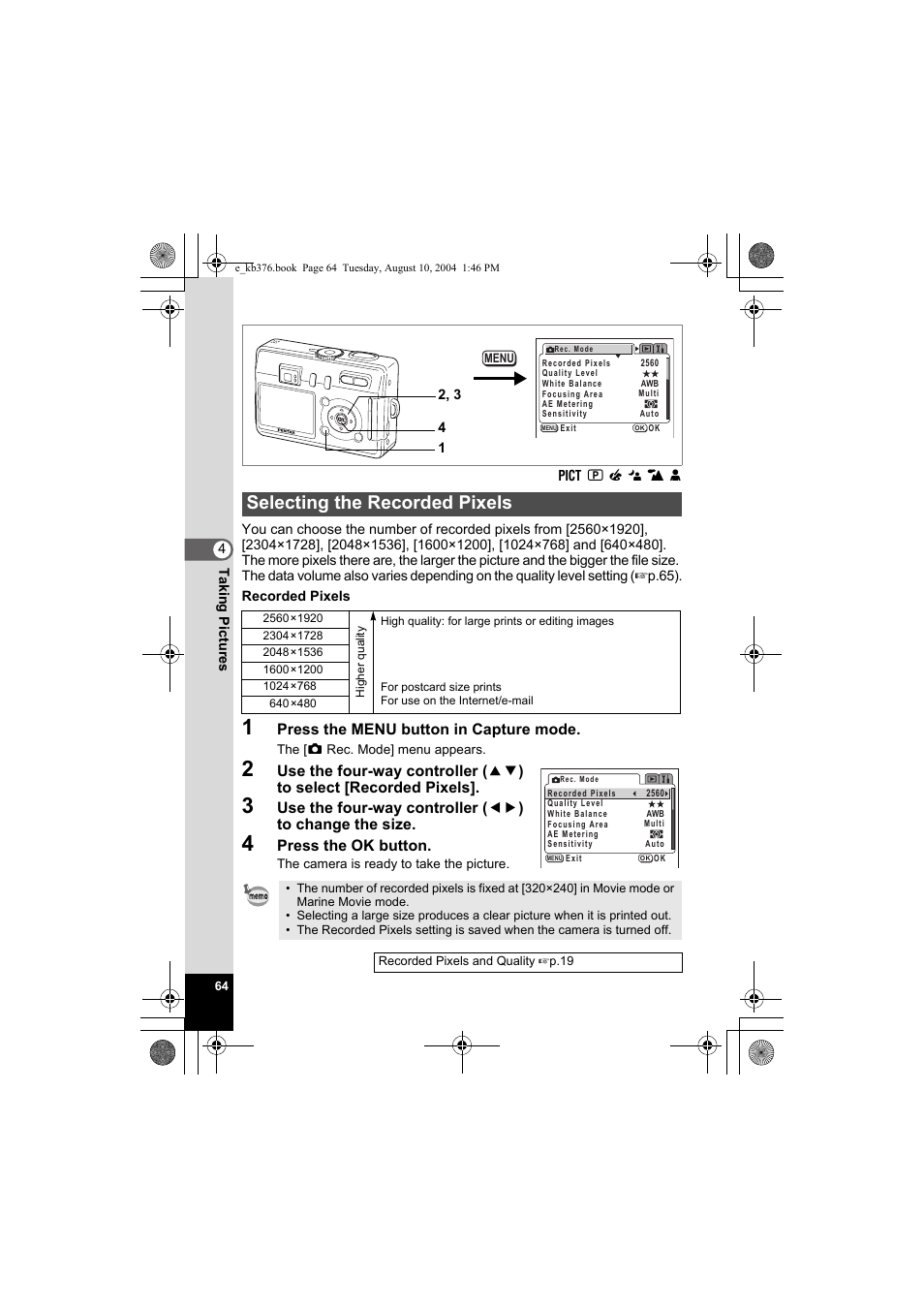 Selecting the recorded pixels | Pentax Optio S50 User Manual | Page 66 / 138
