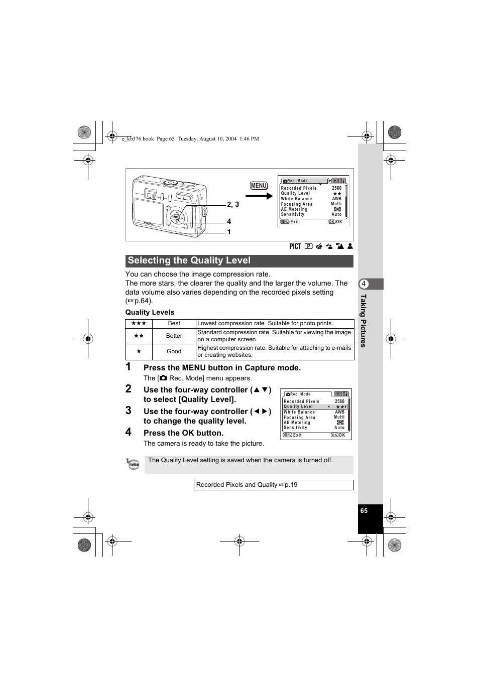 Selecting the quality level, Press the menu button in capture mode, Press the ok button | Pentax Optio S50 User Manual | Page 67 / 138