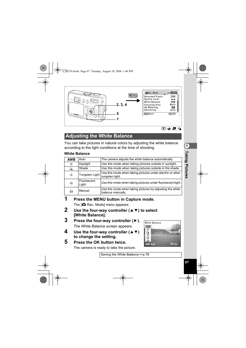 Adjusting the white balance | Pentax Optio S50 User Manual | Page 69 / 138