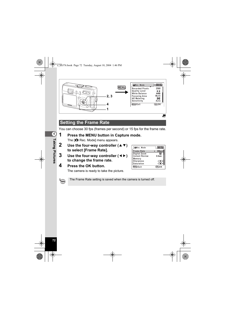 Setting the frame rate | Pentax Optio S50 User Manual | Page 74 / 138