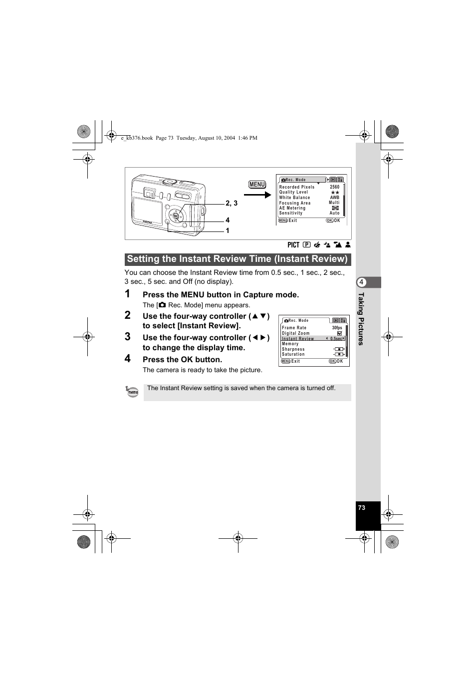 Setting the instant review time (instant review) | Pentax Optio S50 User Manual | Page 75 / 138