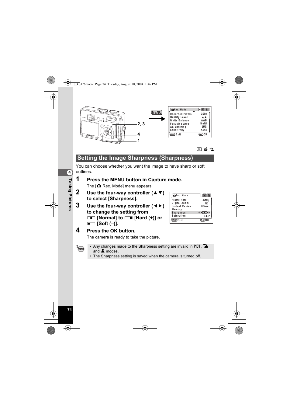 Setting the image sharpness (sharpness) | Pentax Optio S50 User Manual | Page 76 / 138