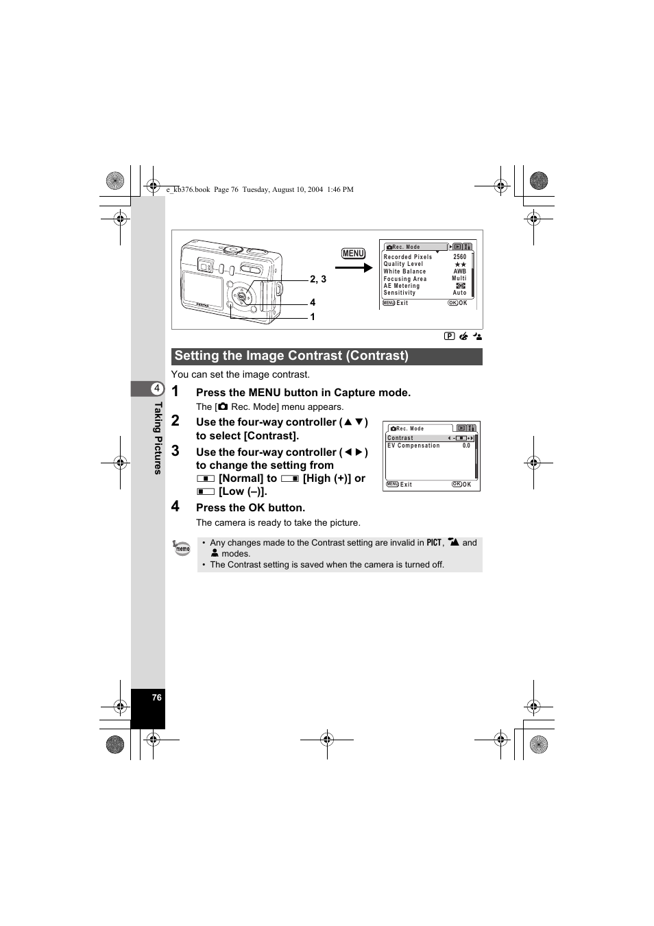 Setting the image contrast (contrast) | Pentax Optio S50 User Manual | Page 78 / 138